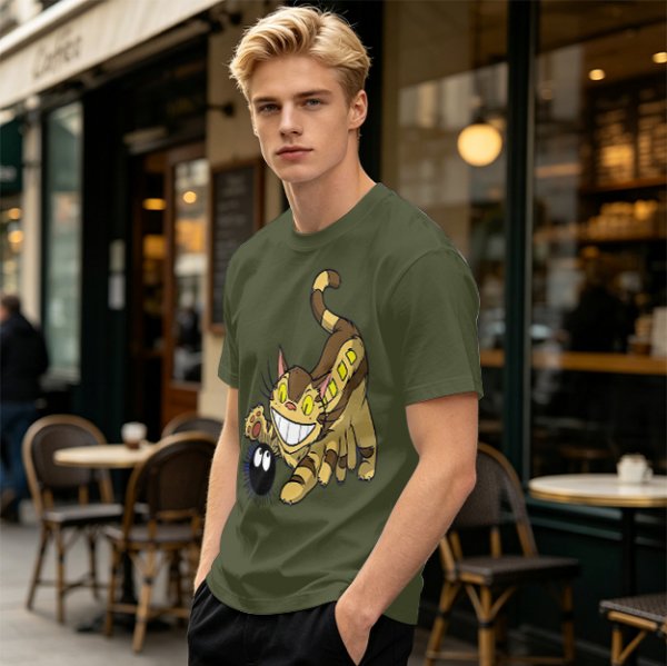 Olive T-shirt with Catbus and Soot Sprite Anime Print
