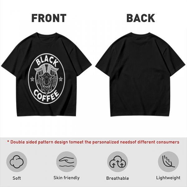 Olive green t-shirt with black goat head and Black Coffee graphic