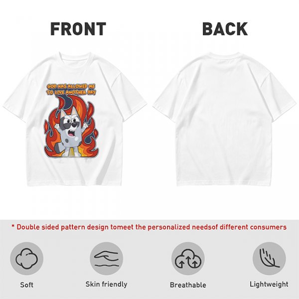 Olive t-shirt with cartoon dog and 'God has allowed me to live another day' print
