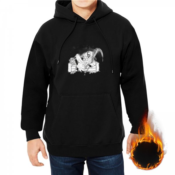 Black Hoodie with Grim Reaper Lounging on Couch Graphic