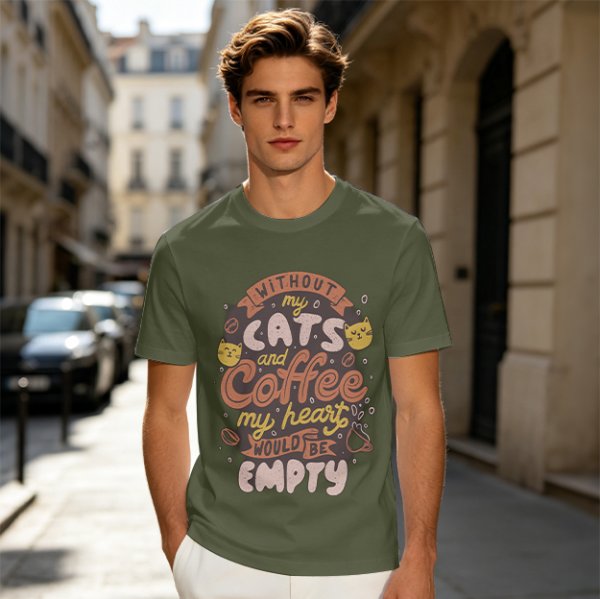 Olive graphic t-shirt with cats and coffee heart quote