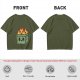 Olive green t-shirt with a cartoon burning box graphic