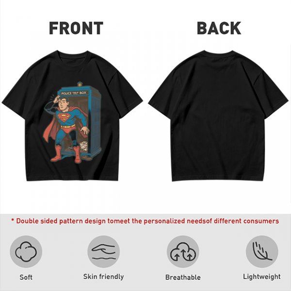 Olive T-shirt with Superman emerging from TARDIS police box graphic