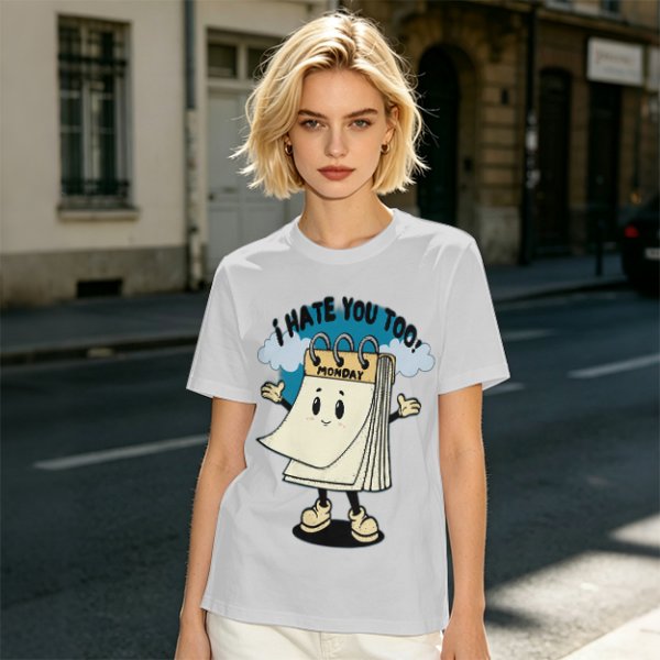 Olive t-shirt with cartoon Monday calendar graphic and 'I HATE YOU TOO' text