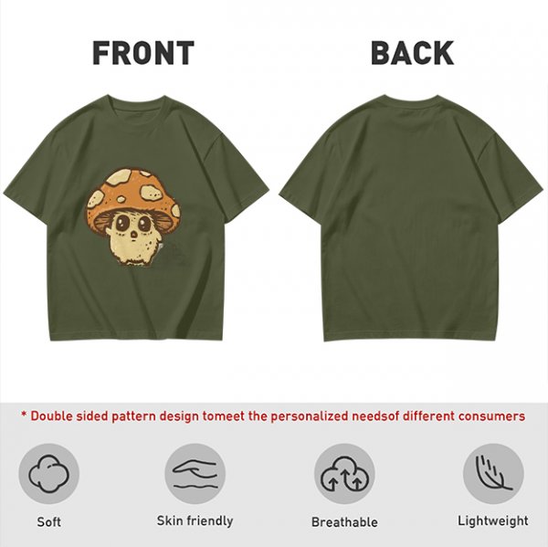 Olive Green T-Shirt With Cute Mushroom Skull Graphic