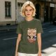 Olive green t-shirt with a cute cat eating ramen graphic