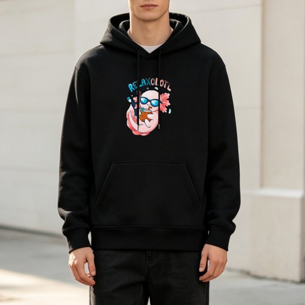 Black hoodie with a relaxed axolotl graphic and 'RELAXOLOTL' text