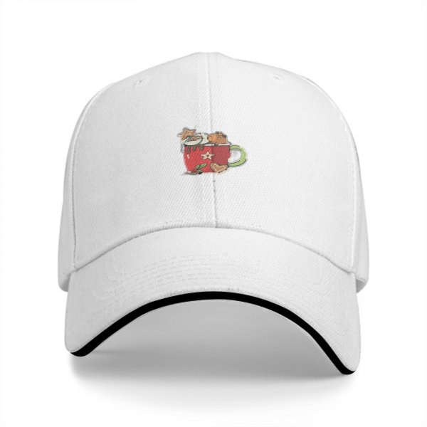 Black baseball cap with festive red mug and treats graphic