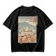 Olive t-shirt with ukiyo-e style ramen cat and Mount Fuji print