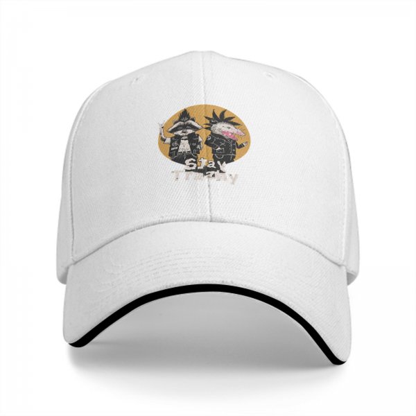 Black baseball cap with 'Stay Trashy' raccoon and opossum punk graphic