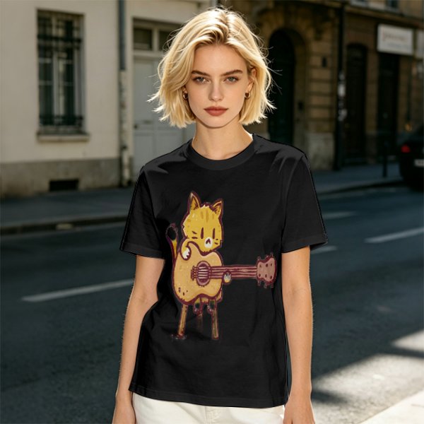 Olive T-shirt with Cute Orange Cat Playing Guitar Graphic