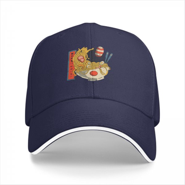 Black Baseball Cap With Playful Ramen Bowl Graphic Design