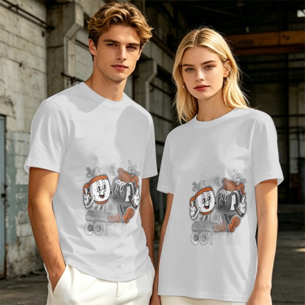 Olive T-Shirt with Retro Cartoon Coffee Cup Characters Graphic