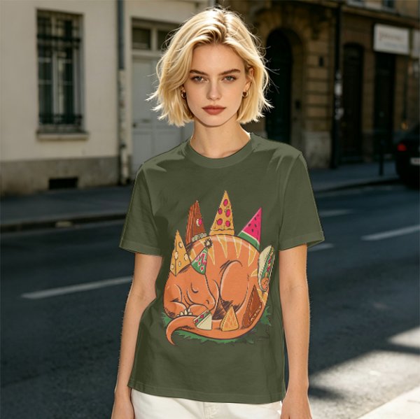 Sleeping Dinosaur Surrounded by Food Slices Graphic T-Shirt