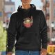 Black hoodie with a frog in a ramen bowl graphic