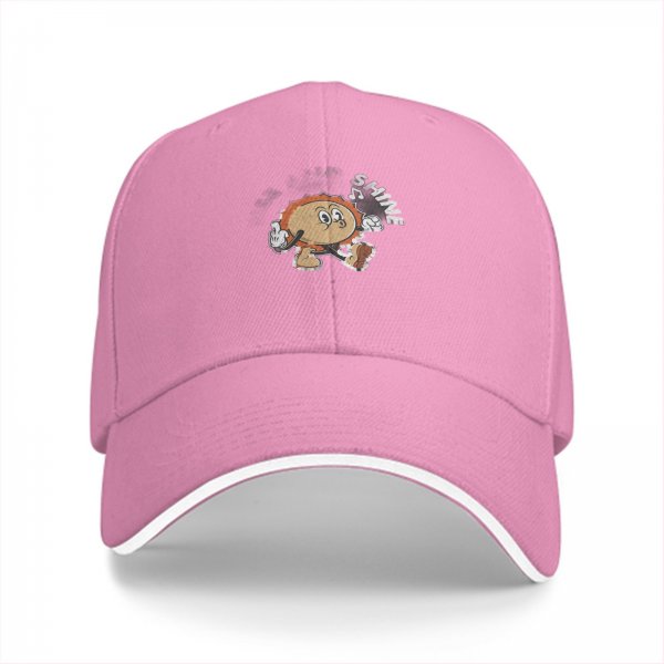 Black baseball cap with retro sun character and 'SHINE' graphic