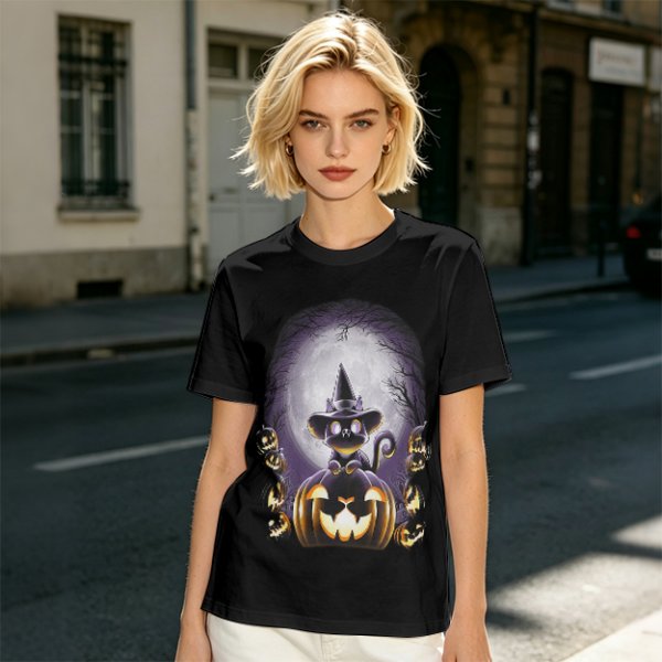 Halloween Black Cat Witch Jack-o'-lantern Graphic T-Shirt