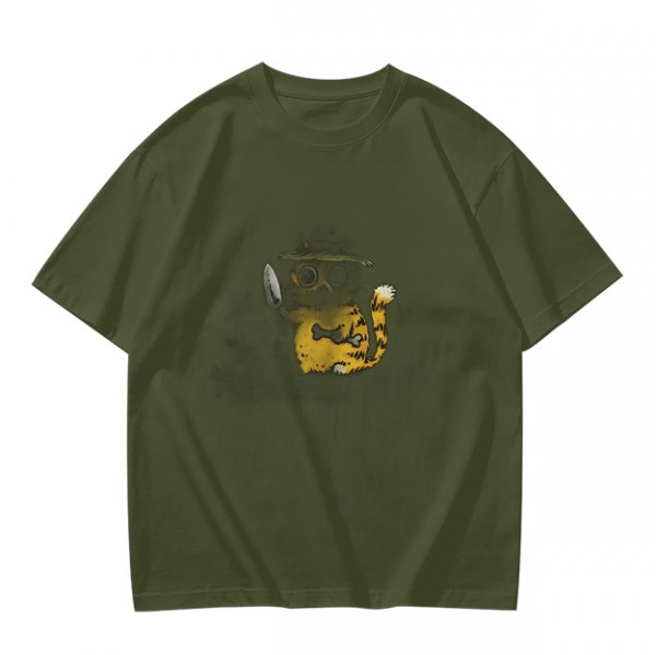 Olive T-Shirt With Whimsical Cat Fish Hybrid Graphic