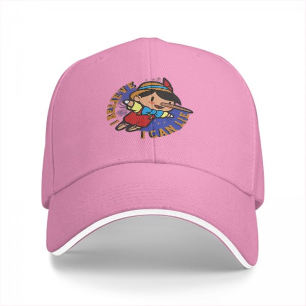 Black baseball cap with Pinocchio 'I Believe I Can Lie' graphic print
