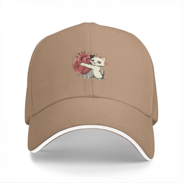 Black Baseball Cap With Cute White Cat Hugging Anatomical Heart Art
