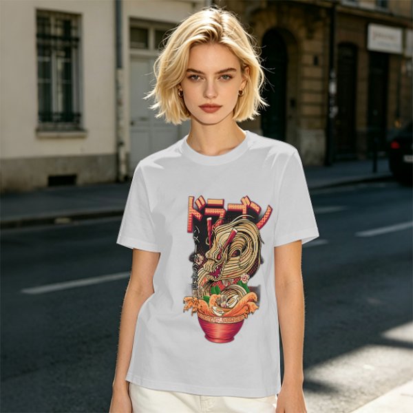 Olive T-Shirt with Japanese Ramen Dragon Graphic Print