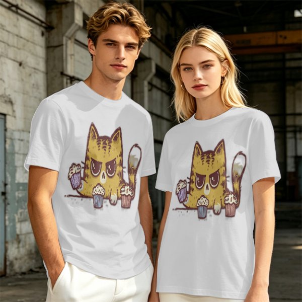 Olive T-Shirt With Angry Cat Holding Cupcakes Graphic Print