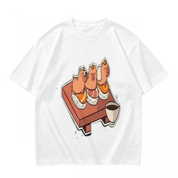Olive green t-shirt with capybara sushi print design