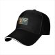 Black baseball cap with retro grumpy tabby cat and old mobile print