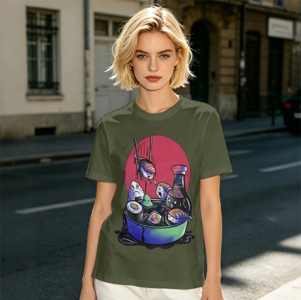Olive T-Shirt With Anxious Sushi Characters In Soy Sauce Bowl Print