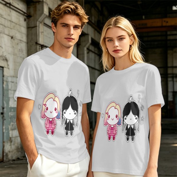 Olive T-Shirt with Chibi Wednesday Addams and Enid Sinclair Print