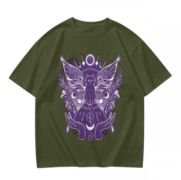 Olive T-Shirt with Celestial Cat Moth and Mystical Hands Print