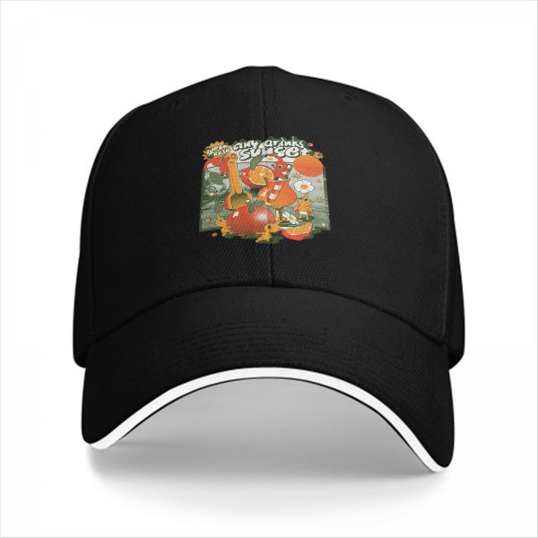 Black Baseball Cap with Retro Sunset Tiny Drinks Fruit Graphic