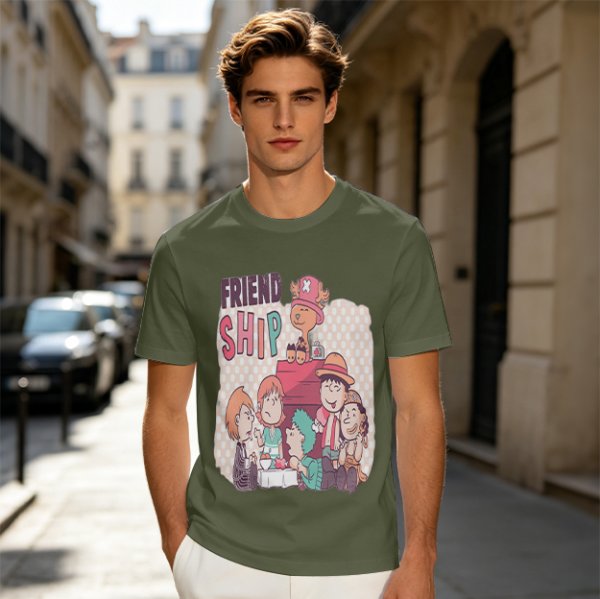 Olive T-Shirt with Friendship Themed Cartoon Crew Print