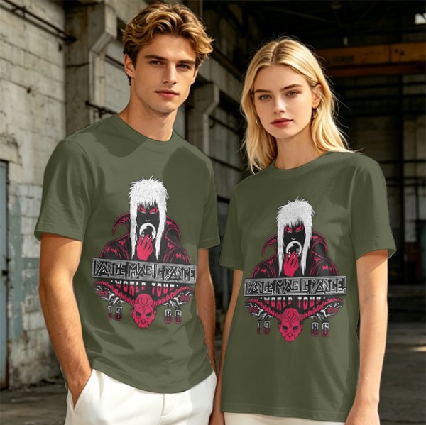 Olive graphic tee with dark fantasy character and tour print