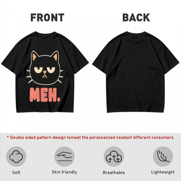 Olive T-Shirt With Grumpy Black Cat Meh Graphic Print