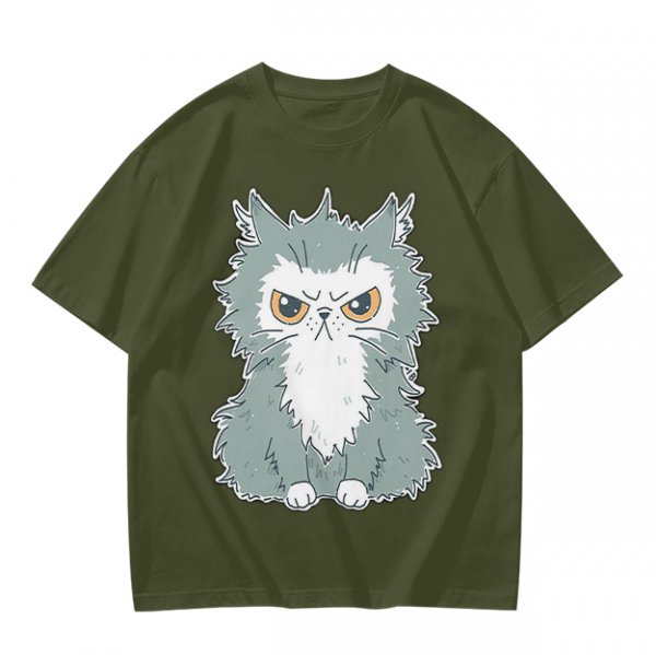 Olive T-shirt with Grumpy Fluffy Gray Cat Graphic Print