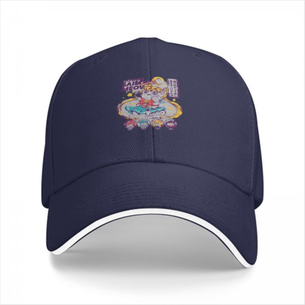 Black baseball cap with Sailor Moon inspired cat graphic print