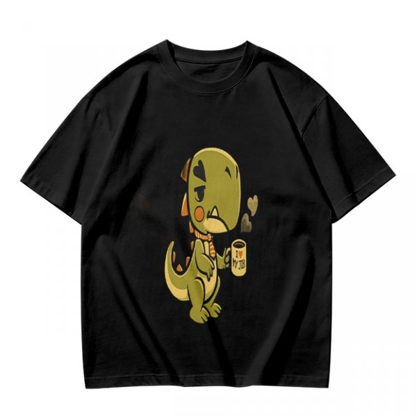 Olive T-shirt with a grumpy cartoon dinosaur holding a coffee mug