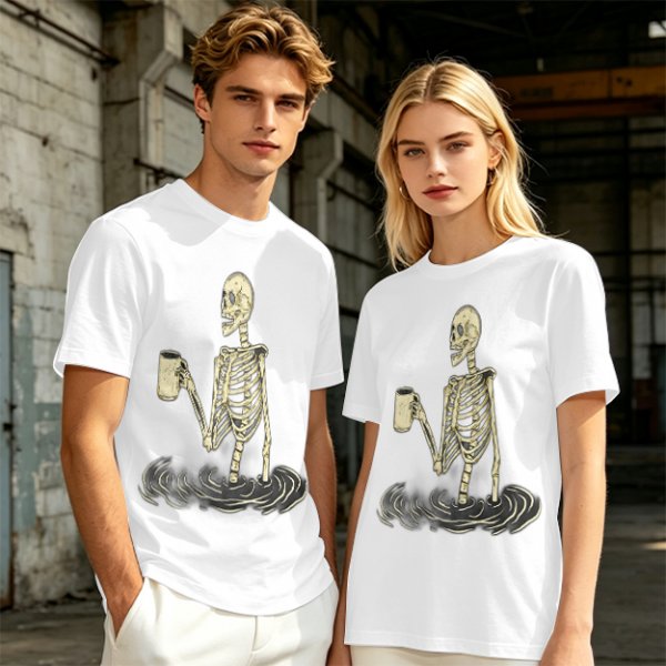Olive Skeleton Holding Coffee Mug In Water Graphic T-Shirt