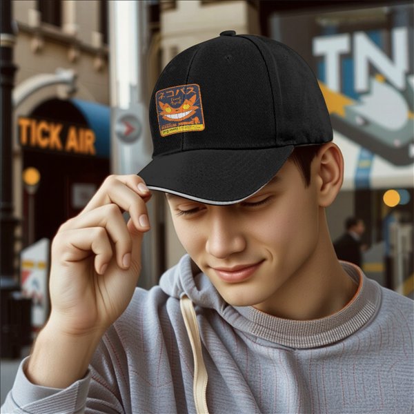 Black baseball cap with magical cat bus themed graphic
