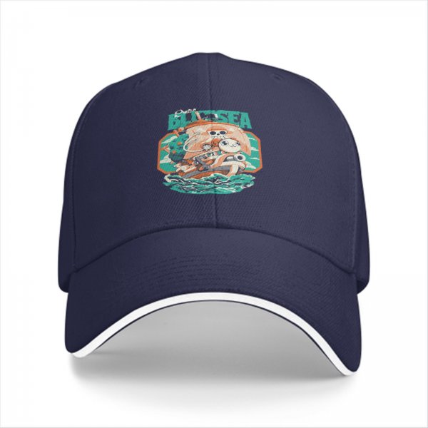 Black Baseball Cap with Blue Sea Pirate Ship Graphic Print