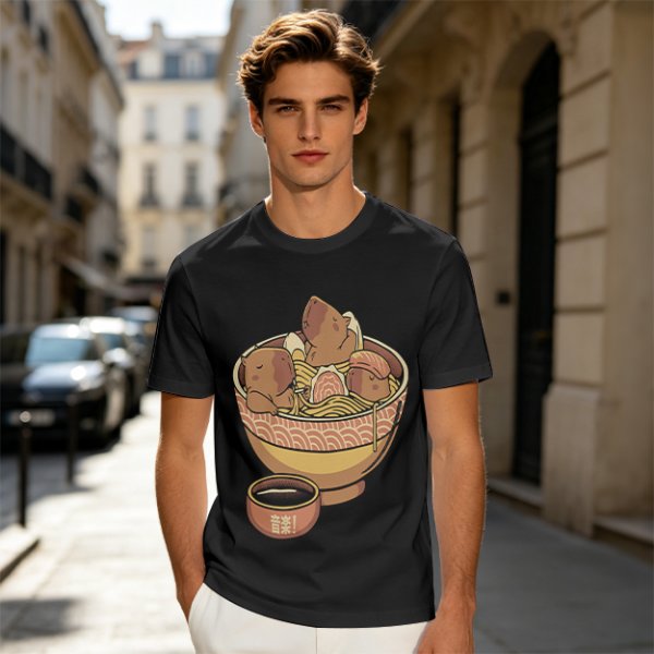 Olive Green T-Shirt With Capybara Ramen Bowl Print