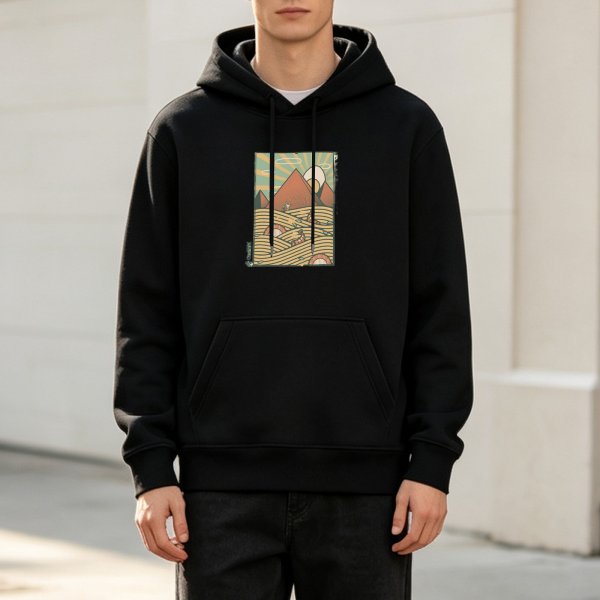 Black Hoodie With Retro Mountain And Sun Landscape Print