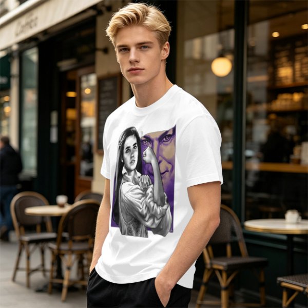 Olive T-shirt with vintage woman flexing arm graphic print