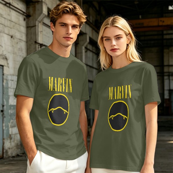 Olive T-Shirt with Marvin Text and Simple Face Graphic