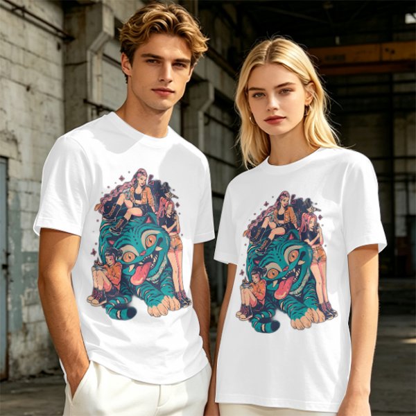 Olive T-Shirt With Girls On A Teal Tiger Graphic Print