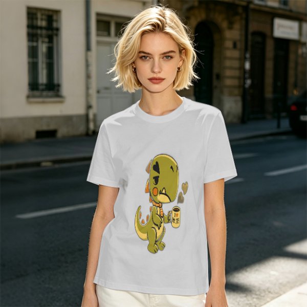 Olive T-shirt with a grumpy cartoon dinosaur holding a coffee mug