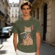 Olive T-Shirt With Samurai Cat Holding Katana And Koi Tattoos