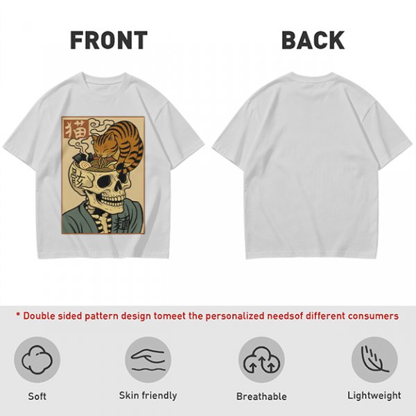 Olive t-shirt with a skull ramen bowl and a napping tabby cat print
