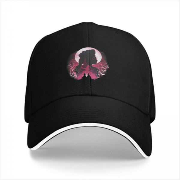 Black baseball cap with pink moon and princess silhouette graphic
